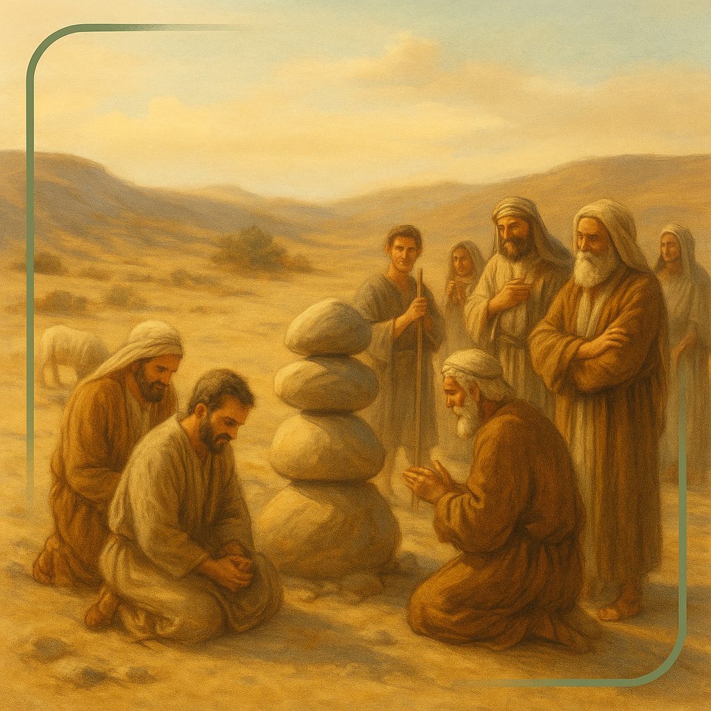 A standing stack of stones recalling the biblical practice of building an Ebenezer.
