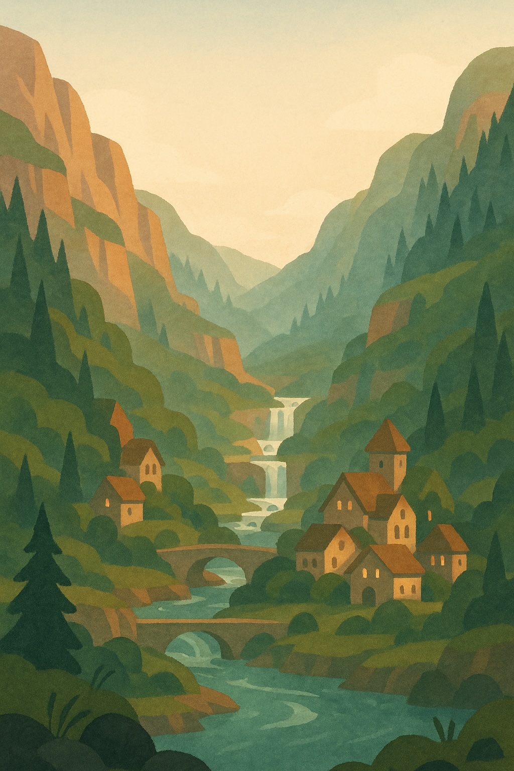 A painted landscape of green hills and a winding path